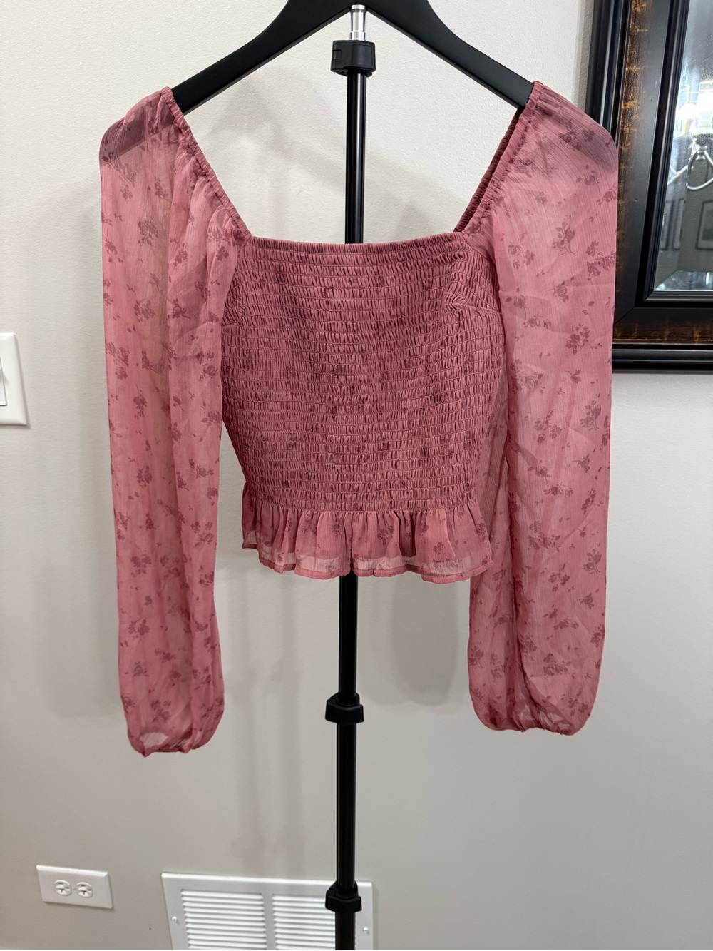 Hollister Dusty Rose Smocked Peasant Blouse with Sheer Puff Sleeves